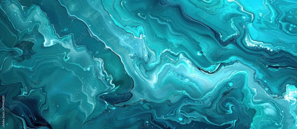 An abstract painting featuring swirling patterns of blue and green colors against a grayscale background. An abstract painting featuring swirling patterns of blue and green colors against a grayscale background.