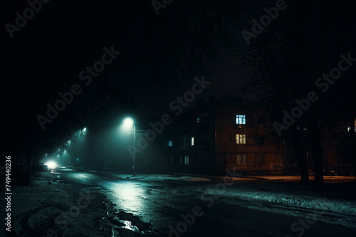 Street lamps in winter shrouded in fog along the road