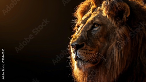 Illustration AI horizontal majestic lion at dusk. Copy space. Concept animals.