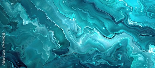 An abstract painting featuring swirling patterns of blue and green colors against a grayscale background.