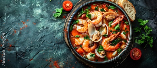A bowl of seafood stew filled with a variety of seafood, served with crusty bread and fresh tomatoes on a dark background.
