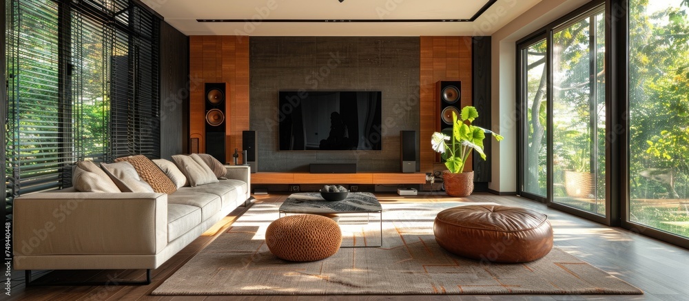 A contemporary living room featuring a comfortable couch, a stylish chair, and a sleek television.