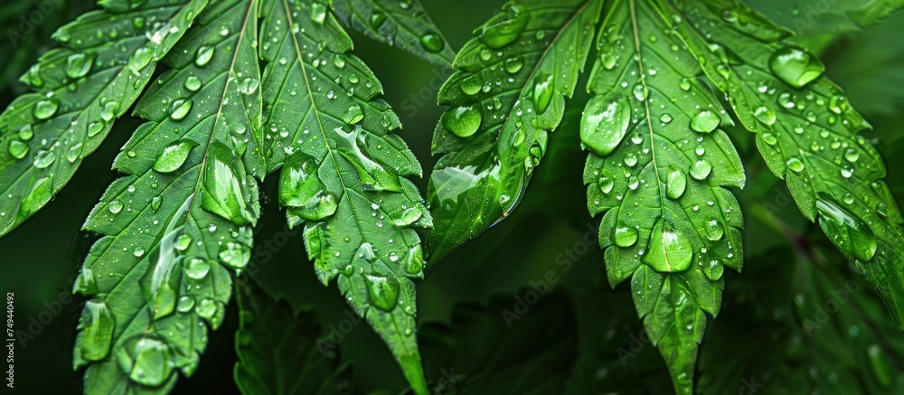 Bright green cannabis leaves covered in fresh dew drops, creating a striking contrast and adding a refreshing touch to the foliage.