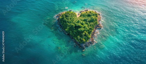 Aerial view of a heart-shaped Caribbean island surrounded by ocean waters. © FryArt Studio