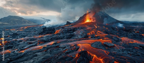 A majestic volcanic eruption in Iceland with lava pouring out, creating intense lava flows and a dramatic natural display.