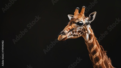 Illustration AI horizontal giraffe portrait on dark background copy space. Concept animals.