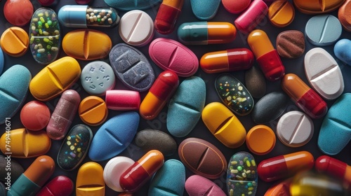 A diverse assortment of colorful pills and tablets stacked together in a vibrant pile, showcasing a variety of medications and supplements.