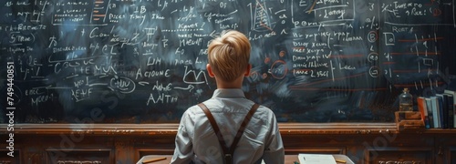 A teenage boy stands in the classroom, facing a blackboard covered with various writing and diagrams. photo