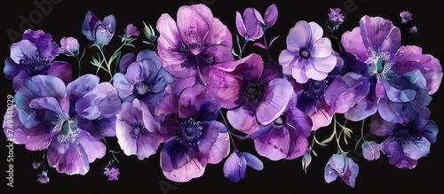 Various purple flowers displayed against a black backdrop  showcasing their vibrant color contrast.