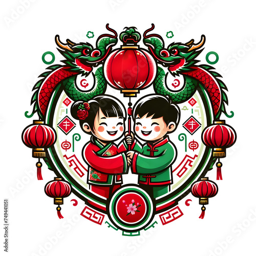 dragon and children Chinese New Year logo cartoon  illustrator
