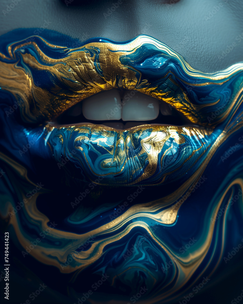 Contemporary abstract art. Juicy female lips in the center of the frame. Dark paint with liquid gold flows from the face. Close-up - obrazy, fototapety, plakaty 