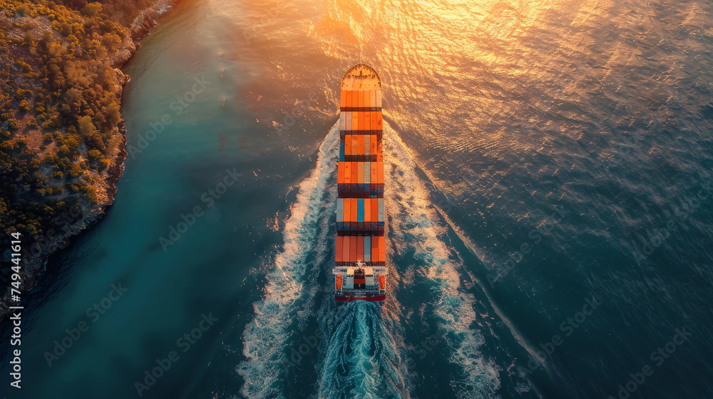 Aerial view of container cargo ship, import export commerce business trade logistics and international transportation by container cargo ship boat in the open sea, Freight shipping.banner - obrazy, fototapety, plakaty 