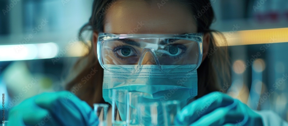 A focused female scientist wearing protective goggles and holding a beaker in a laboratory setting. A focused female scientist wearing protective goggles and holding a beaker in a laboratory setting.