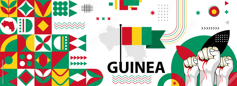 Guinea national or independence day banner for country celebration. Flag and map of Guinea with raised fists. Modern retro design with typorgaphy abstract geometric icons. Vector illustration	