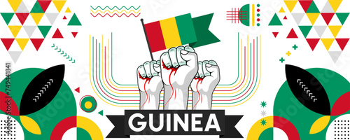 Guinea national or independence day banner for country celebration. Flag of Guinea with raised fists. Modern retro design with typorgaphy abstract geometric icons. Vector illustration.