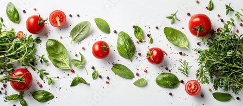Collection of fresh tomatoes, herbs, and spices displayed on a clean white surface, showcasing vibrant colors and organic textures.
