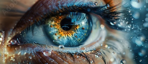 A detailed view of a persons blue eye with visible water droplets on the iris, showcasing intricate details.