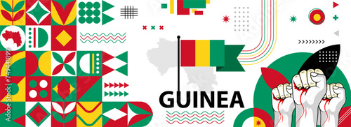 Guinea national or independence day banner for country celebration. Flag and map of Guinea with raised fists. Modern retro design with typorgaphy abstract geometric icons. Vector illustration 