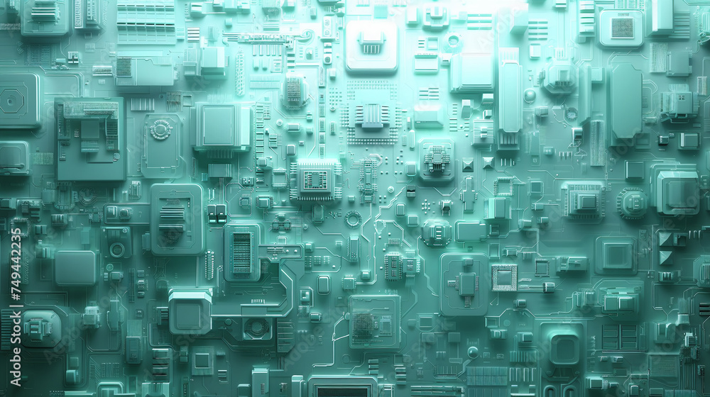 Abstract futuristic background in mint colors. Abstract microcircuits and processors. AI generative