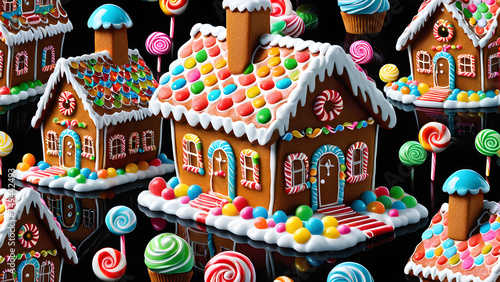 glassy candy-coated house sweet confectionery dreamland festive delight for all ages on a black background.