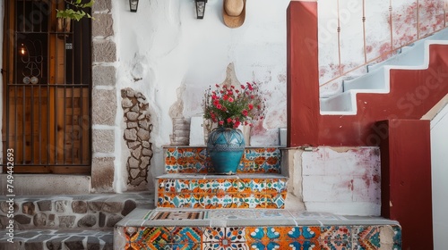 Staircase with unique Mexican floor tiles.