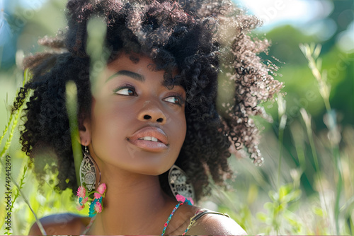 fashion shot of natural beautiful african american woman spring outdoor 