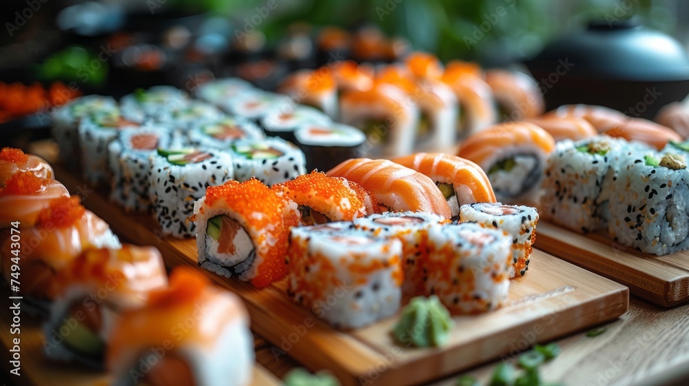 Japanese sushi set with ready to serve. Beautiful eastern style table decoration with sushi. Japanese sushi set with ready to serve. Beautiful eastern style table decoration with sushi.