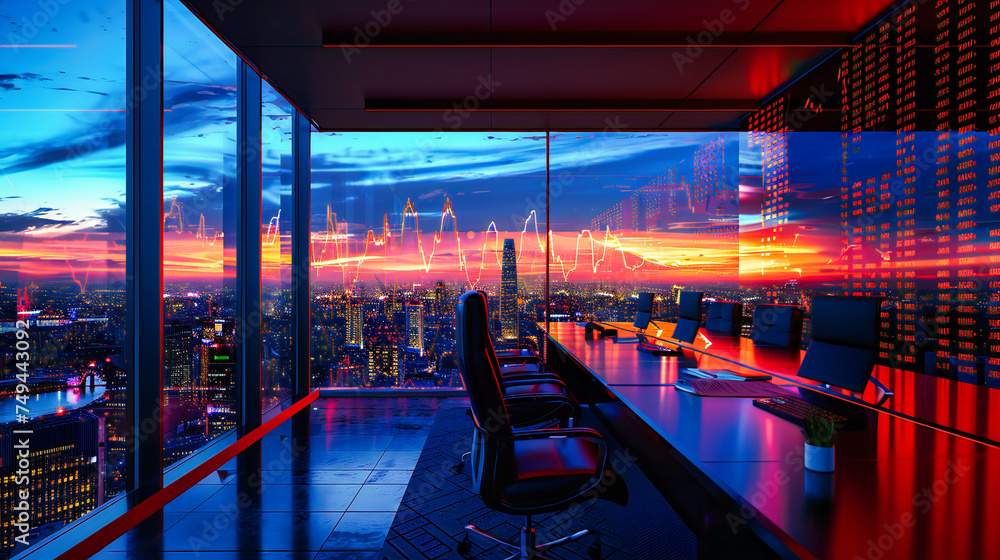 Fototapeta premium Modern Business Cityscape at Dusk, Corporate Success in Luxurious Office Setting