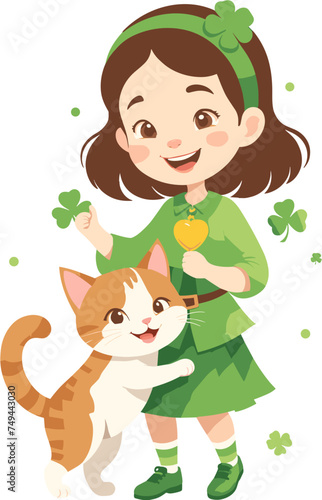 Cute girl in green costume and cat, St Patrick day illustration on transparent background svg, graphic design element for holiday event or kids, baby shower and nursery decor