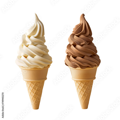 delicious vanilla and chocolate soft serve ice creams in waffle cones isolated on a white background, perfect for dessert or sweet treat concepts