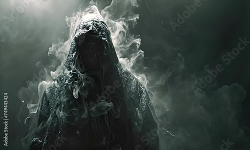 Mysterious cloaked figure surrounded by smoke. Concept of mystique and secrecy. photo