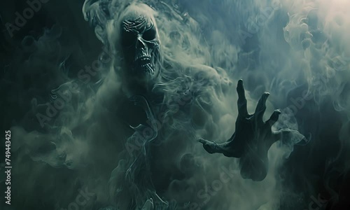 Frightening ghostly creature in smoke. Concept of horror and mystique.