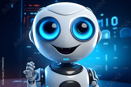 A transforming robot with bright glowing eyes erases the screen and studies on a dark background, created by artificial intelligence. 3D illustration