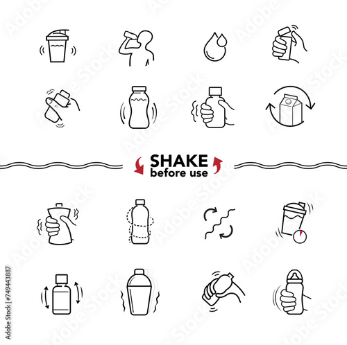 Shake icons set. Vector illustration isolated on white background. Set for package, shows user instruction. EPS10.
