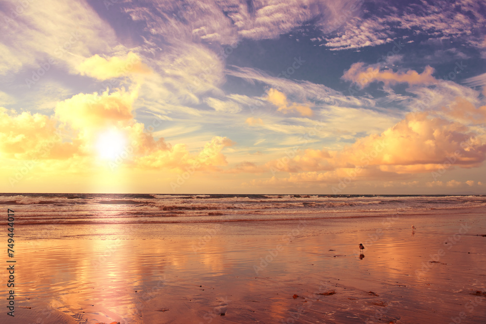 Fototapeta premium Beach, sunset and clouds in blue sky with waves, water and sand in seaside or lake. Tourism, destination and vacation for summer ocean, landscape and environment for holiday or travel in California