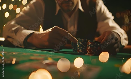 Man playing poker, betting with chips. The concept of gambling. photo