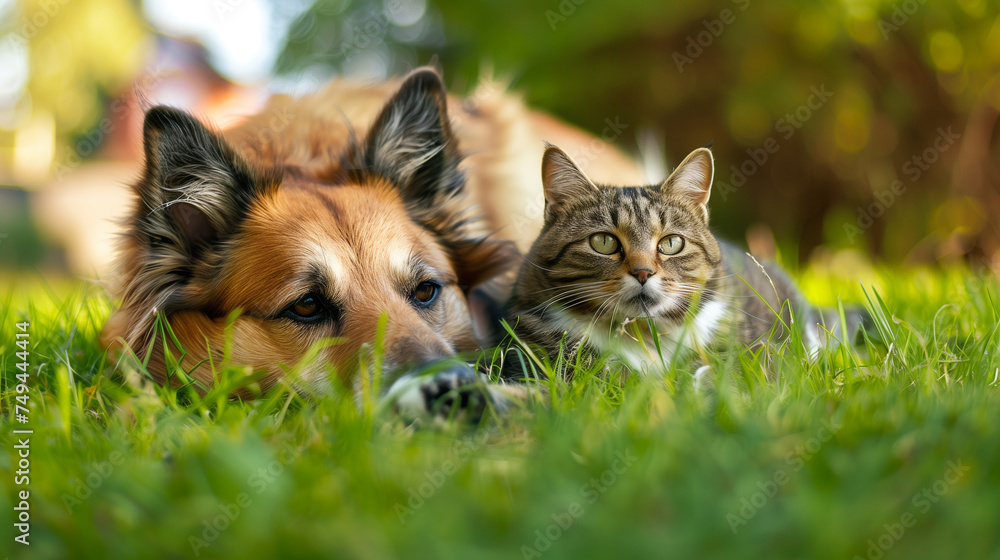Cute dog and cat together on a green grass field Cute dog and cat together on a green grass field