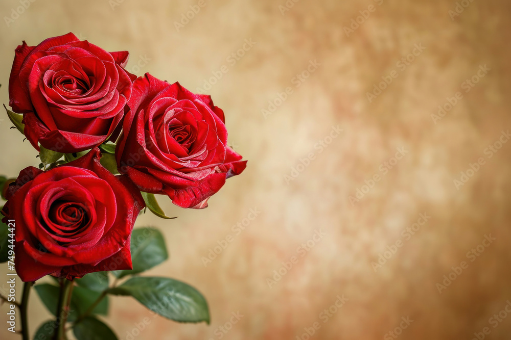 Beautiful red roses on beige background with space for text, romantic floral arrangement for your design concept Beautiful red roses on beige background with space for text, romantic floral arrangement for your design concept
