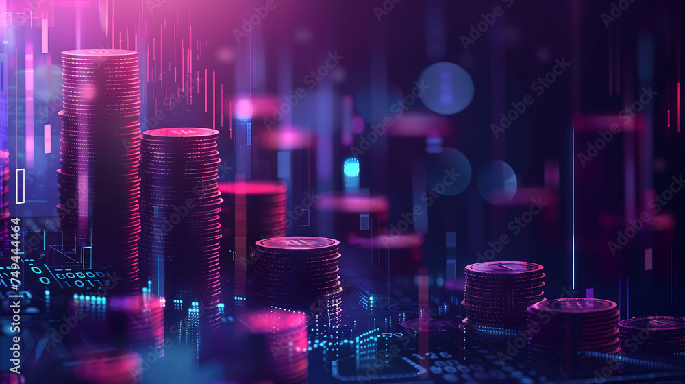 stack coins on purple background, finance, business, money, banner