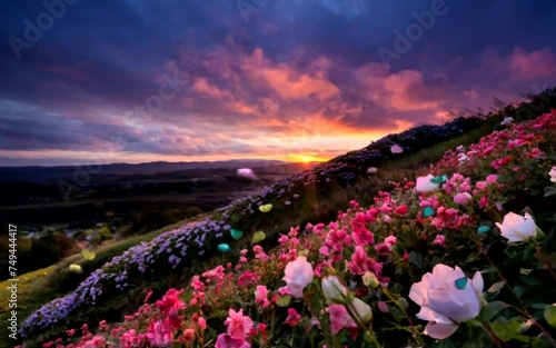 sunset over the field of flowers, seemles looping, animation video 4k photo