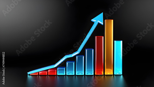 graph on black. arrow going up stock icon with bar chart on black background. business graph with arrow. business graph showing growth