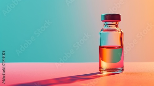 A close-up of a clear glass vial against a color gradient, representing pharmaceutical precision and the science of medicine.