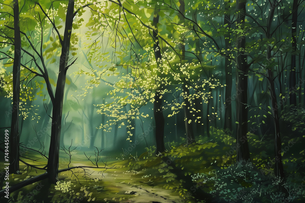 Obraz premium Green forest in spring. Nature background acrylic painting. Generative AI.