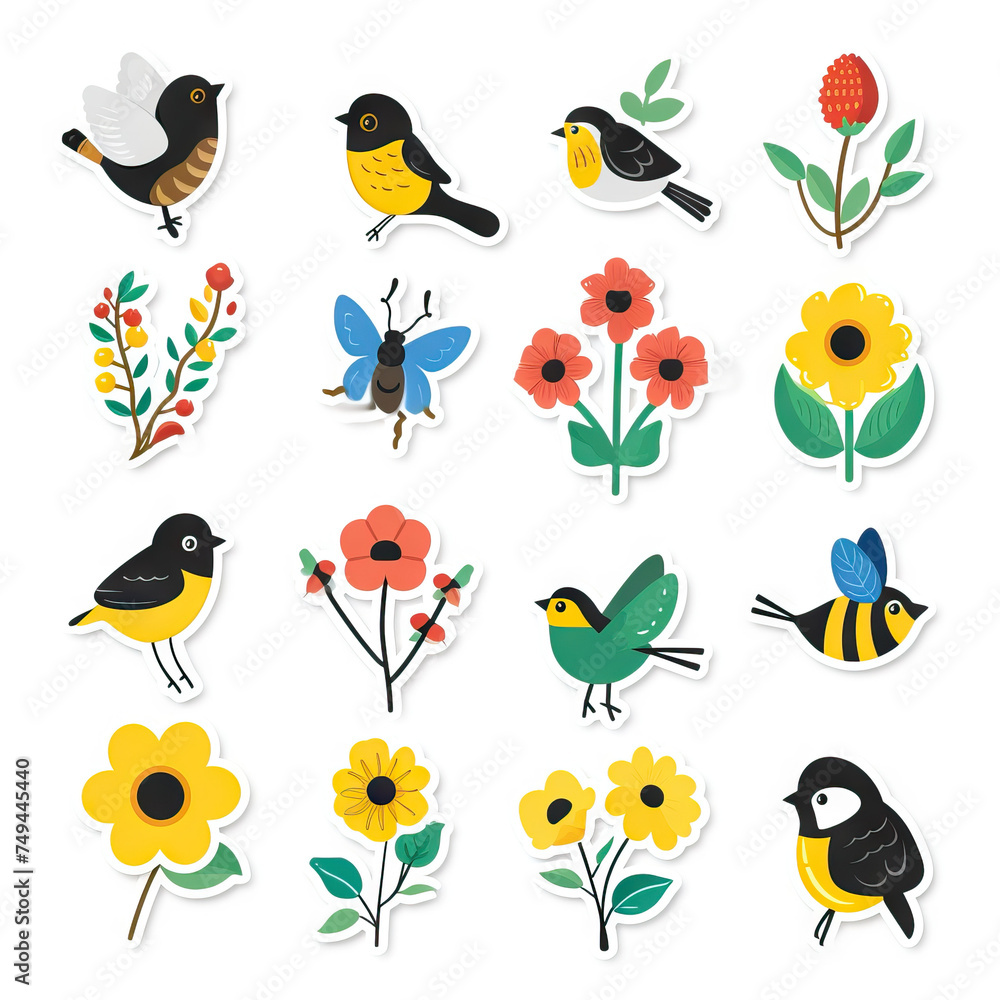 Birds, Bee, Flower, Garden Sticker Collection. Multiple. Vector Icon Illustration. Icon Concept Isolated Premium Vector. 