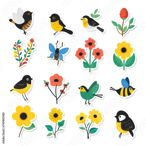 Birds, Bee, Flower, Garden Sticker Collection. Multiple. Vector Icon Illustration. Icon Concept Isolated Premium Vector.  © Lila Patel