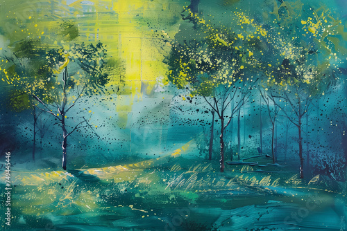 Green forest in spring. Nature background acrylic painting. Generative AI.