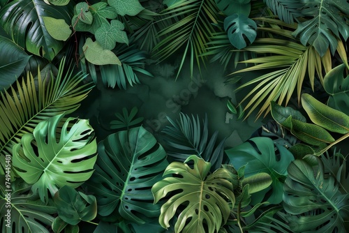 Lush green leaves fill the frame, creating a vibrant nature background Artistic composition of an assortment of tropical plants with featuring different textures and shades of green, for a botanical 
