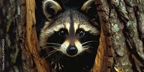 A raccoon face close-up as it peers through a hollow log , concept of Curious Wildlife Observation