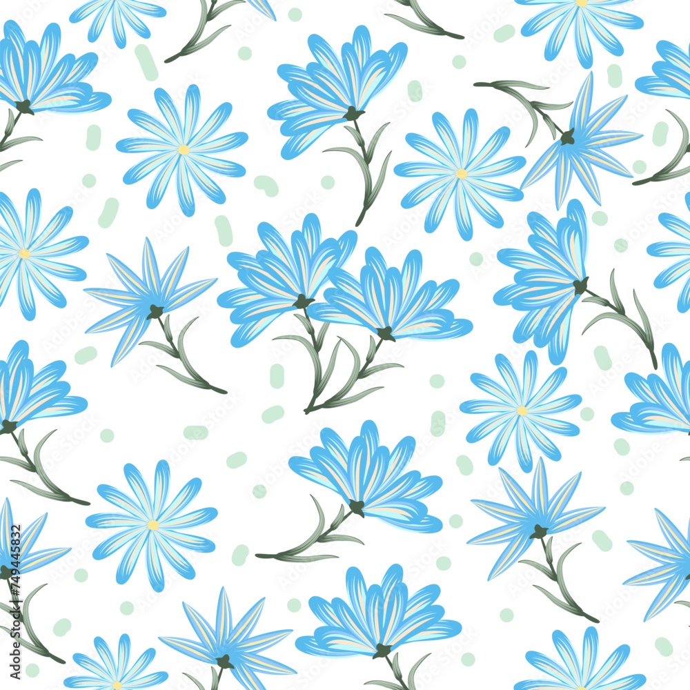Fototapeta premium Seamless pattern with abstract blue flowers on white. Vector background, wallpaper for fabric