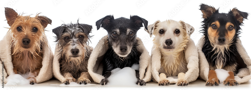 multiple dogs line-up, They are in towels, soap suds on dogs, isolated on white background